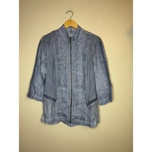 Mind Set by XCVI Blue Linen Blend Zip Up Jacket Ladder Stitch Detail Womens M